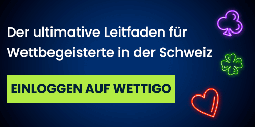 Werbebanner für Wettigo Casino mit bunten Leuchtsymbolen und Hinweis für Sportwetten in der Schweiz