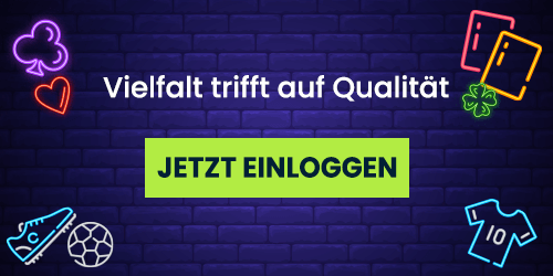 Neon Symbole aus Sport und Glücksspiel vor dunkler Wand mit Login Aufruf