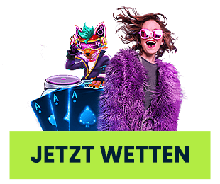 Junge Frau in auffälligem Outfit mit Spielkarten und animiertem DJ Symbol