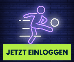 Neon Symbol eines Fußballspielers in Aktion vor dunkler Wand mit Login Hinweis